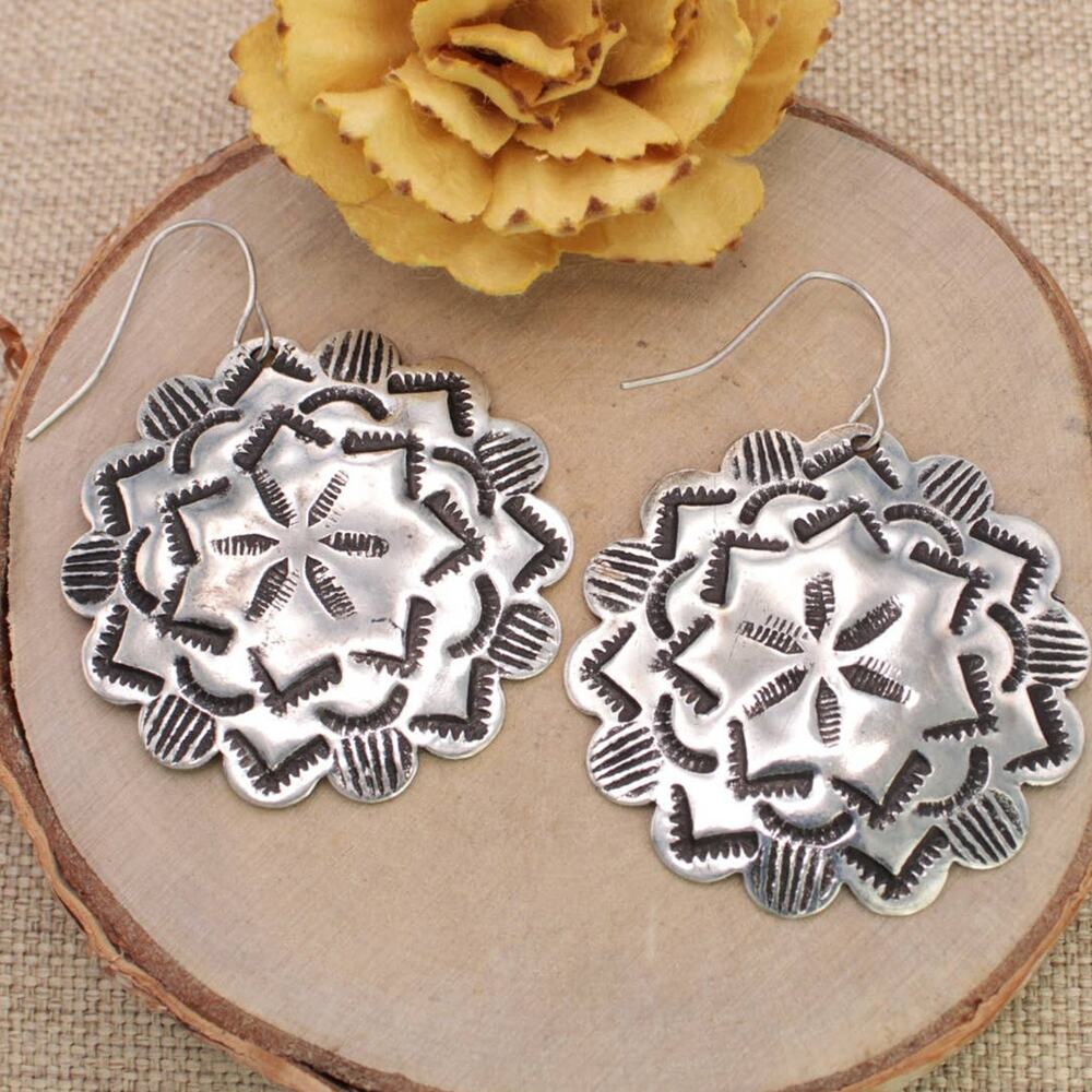 Western Cowgirl Textured Silver Flower Concho Dangle Earrings